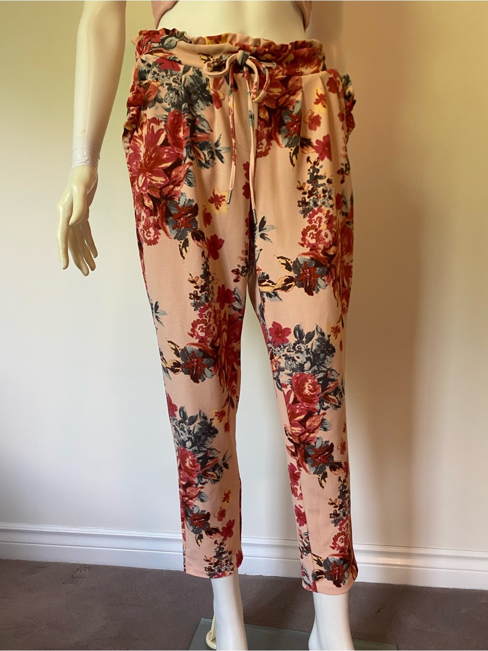 Floral Drawstring Waist Women’s Pants - Blush Peach Floral